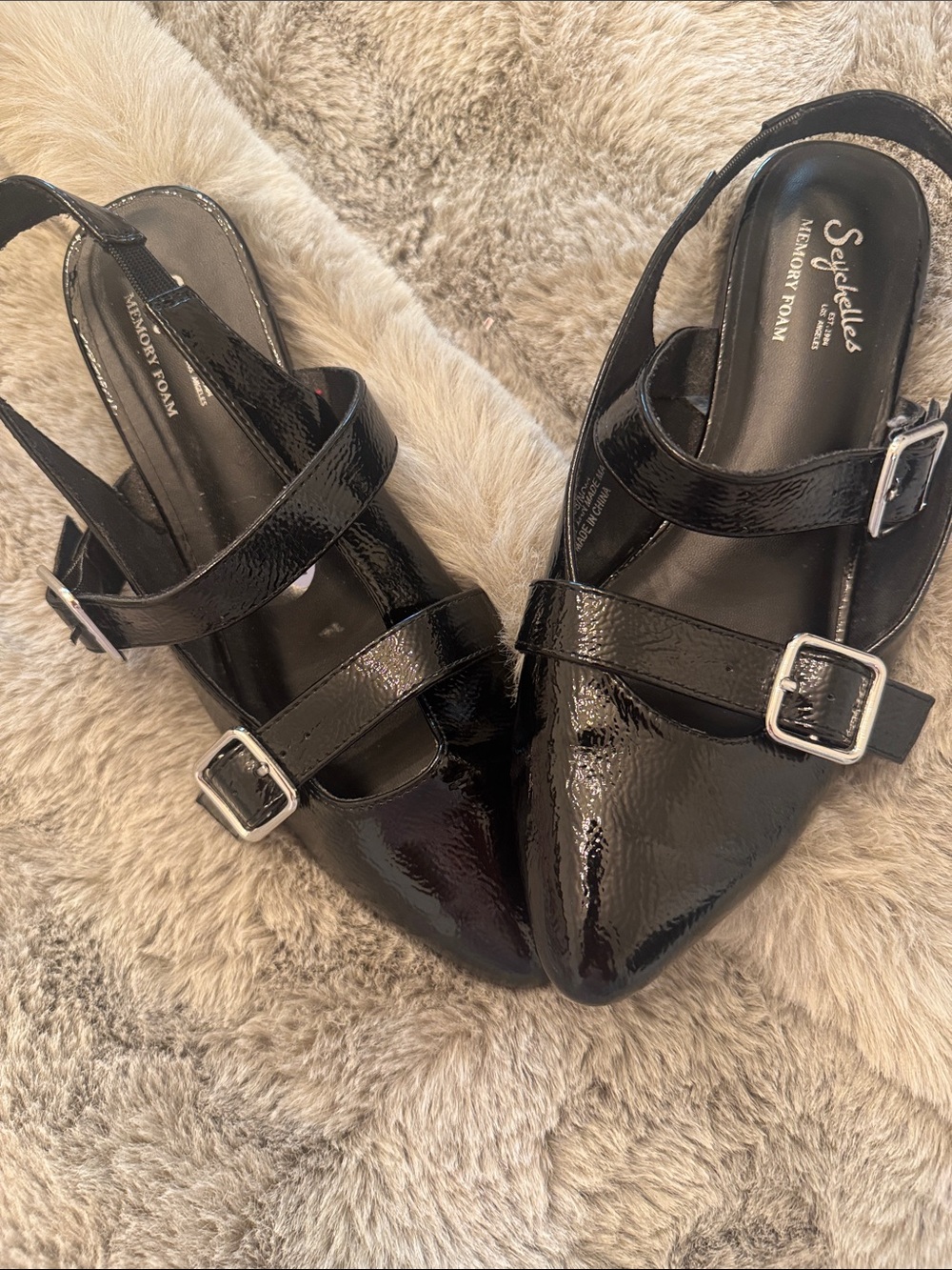 Seychelles Black Patent Pointed Double-Strap Slingback Flats